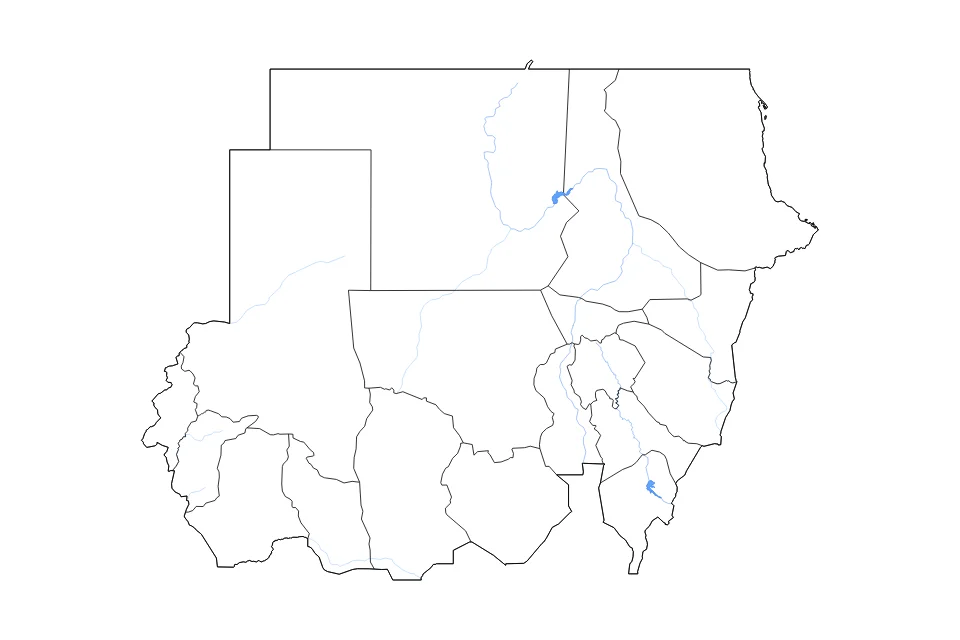 Mapa de Sudan de tipo contorno, subdivisiones, lagos y ríos para África, con contorno, subdivisiones, lagos y ríos con elementos de agua como Merowe Reservoir y Er Rosieres Reservoir.