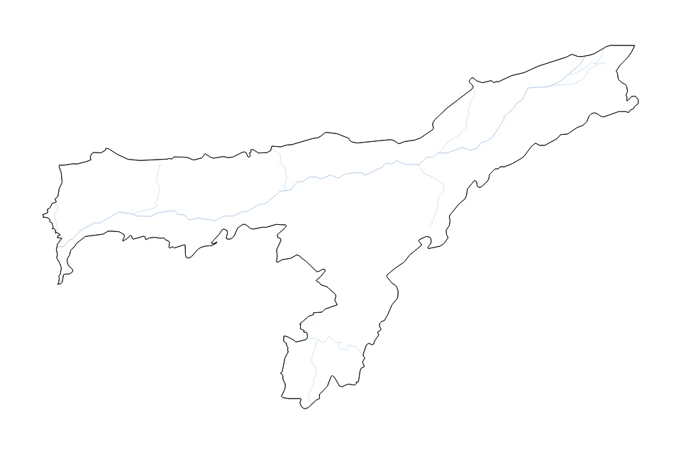 Mapa de Assam de tipo contorno y ríos para Asia, con contorno y ríos con límites limpios.