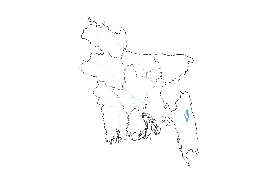 Carte de Bangladesh de type contour, subdivisions, lacs et rivières pour Asie, montrant contour, subdivisions, lacs et rivières avec des éléments hydrographiques comme Kaptai Lake.