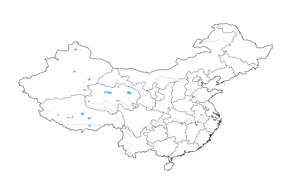 Mapa de China de tipo contorno, subdivisiones, lagos y ríos para Asia, con contorno, subdivisiones, lagos y ríos con elementos de agua como Qinghai Hu, Tai Hu, y Siling Co.