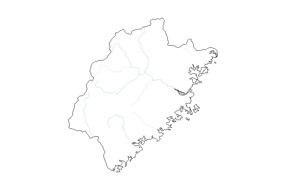 Mapa de Fujian de tipo contorno y ríos para Asia, con contorno y ríos con límites limpios.