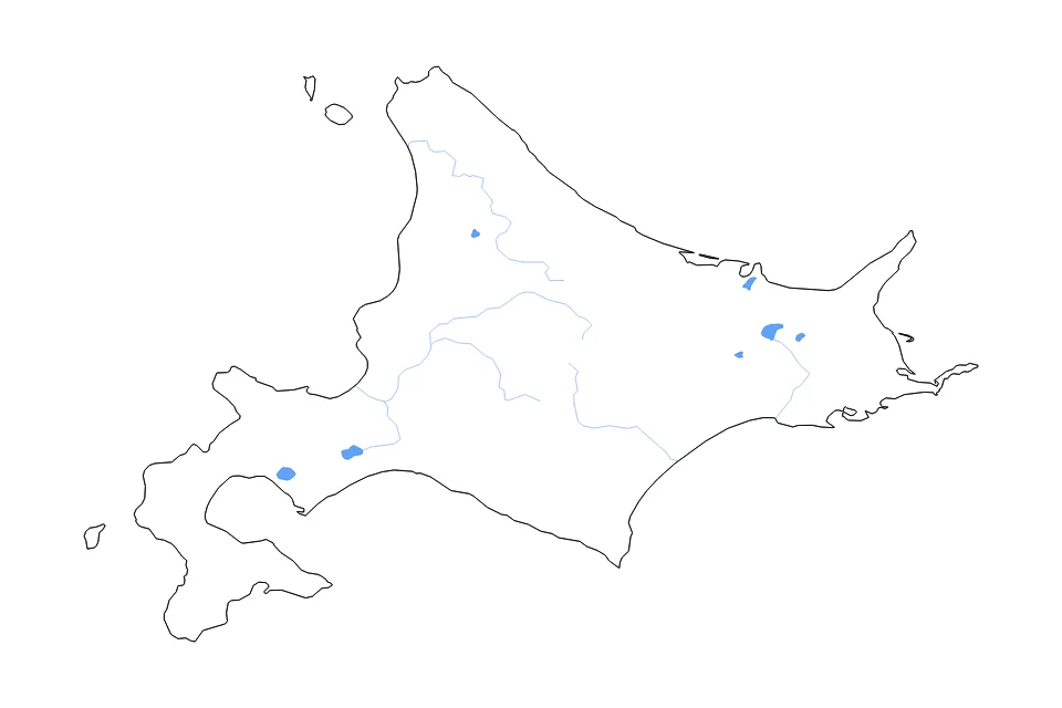 Carte de Hokkaido de type contour, lacs et rivières pour Asie, montrant contour, lacs et rivières avec des éléments hydrographiques comme Kussharo Ko, Shikotsu-ko, et Tōya-ko.