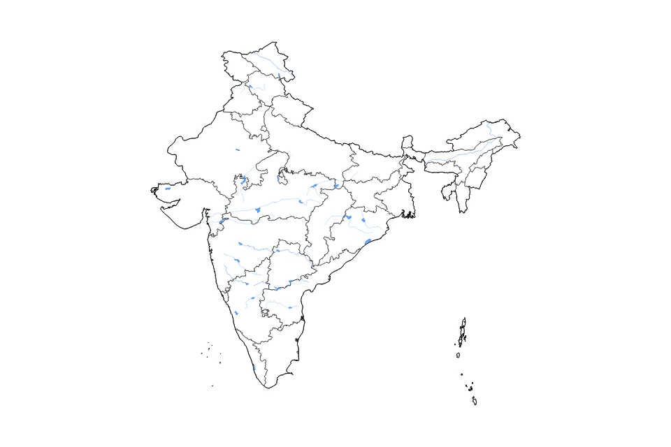 Mapa de India de tipo contorno, subdivisiones, lagos y ríos para Asia, con contorno, subdivisiones, lagos y ríos con elementos de agua como Chilika Lake, Indira Sagar, y Hirakud Reservoir.