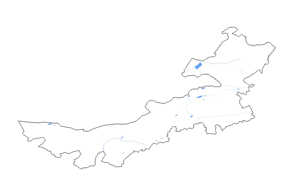 Mapa de Inner Mongolia de tipo contorno, lagos y ríos para Asia, con contorno, lagos y ríos con elementos de agua como Hulun Nur, Ulgain Gobi, y Gaxun Nur.