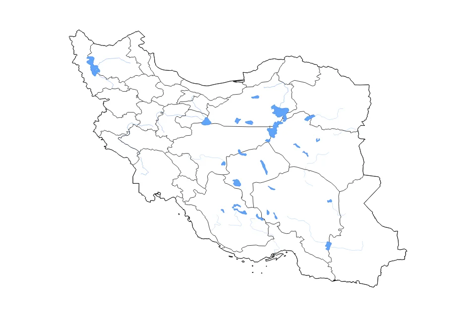Mapa de Iran de tipo contorno, subdivisiones, lagos y ríos para Asia, con contorno, subdivisiones, lagos y ríos con elementos de agua como Lake Urmia, Daryā-ye Namak, y Kaffeh-ye Bard-e Shīrāz.