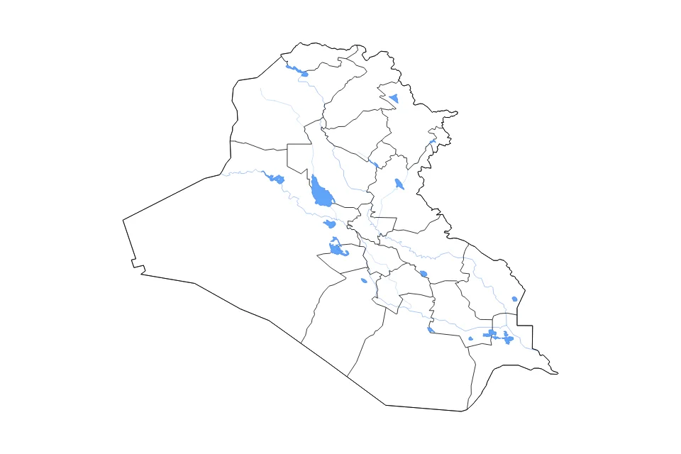 Mapa de Iraq de tipo contorno, subdivisiones, lagos y ríos para Asia, con contorno, subdivisiones, lagos y ríos con elementos de agua como Buḩayrat ath Tharthār, Buḩayrat ar Razāzah, y Buḩayrat Ḩadīthah.