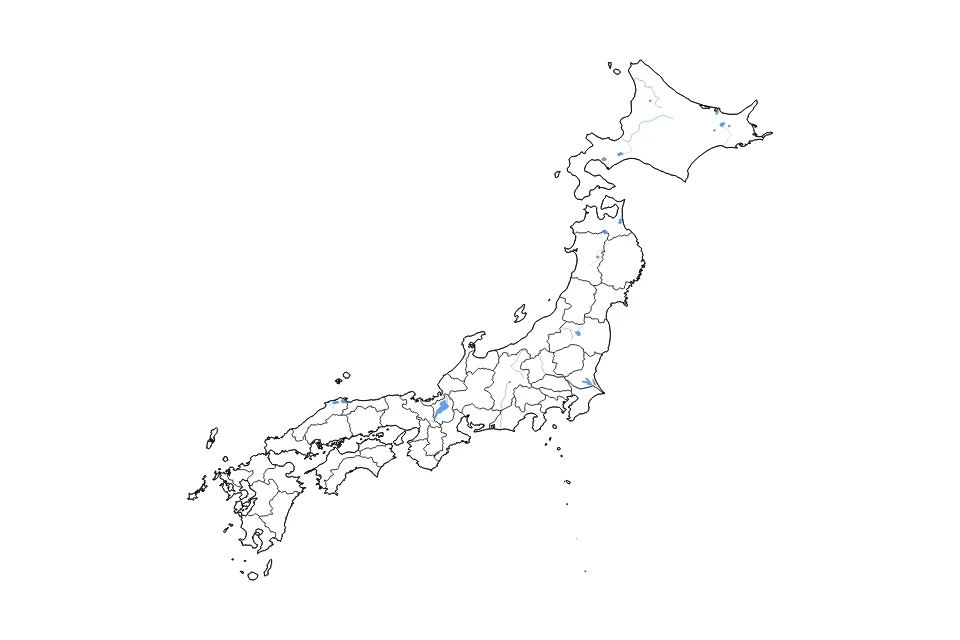 Outline map of Japan with subdivision borders and major lakes and rivers.
