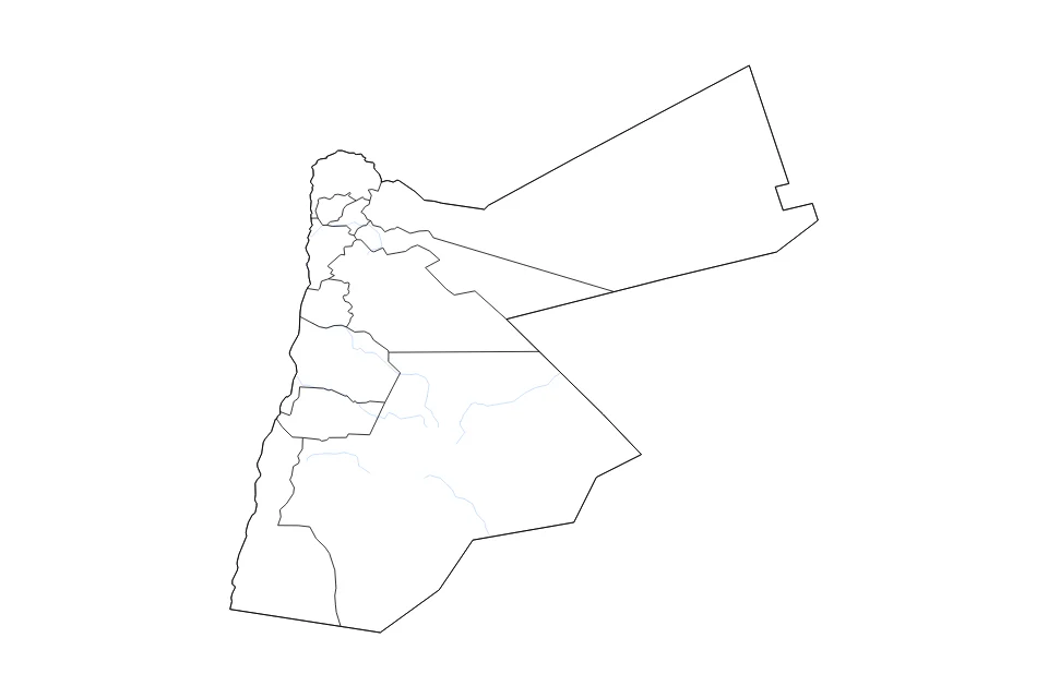 Mapa de Jordan de tipo contorno, subdivisiones y ríos para Asia, con contorno, subdivisiones y ríos con límites limpios.