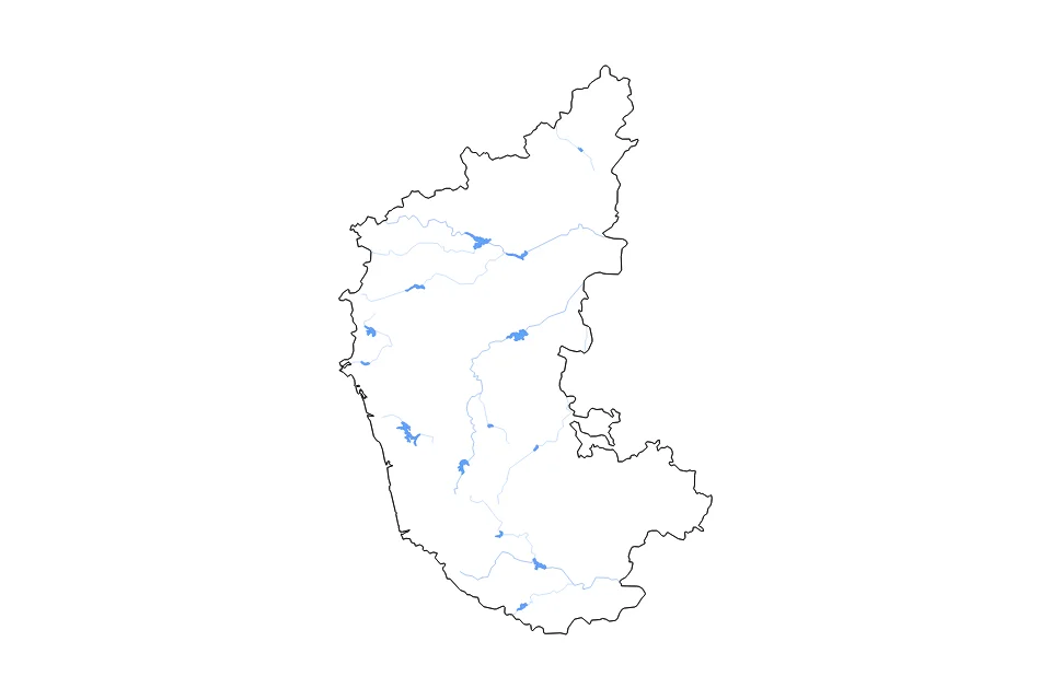 Mapa de Karnataka de tipo contorno, lagos y ríos para Asia, con contorno, lagos y ríos con elementos de agua como Alamatti Reservoir, Linganamakki Reservoir, y Tungabhadra Reservoir.