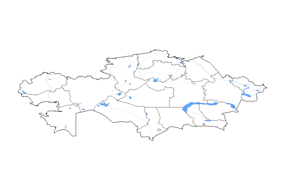 Carte de Kazakhstan de type contour, subdivisions, lacs et rivières pour Asie, montrant contour, subdivisions, lacs et rivières avec des éléments hydrographiques comme Ozero Balkhash, Bukhtarminskoye Vodokhranilishche, et Aral Sea.