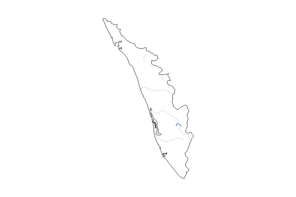 Mapa de Kerala de tipo contorno, lagos y ríos para Asia, con contorno, lagos y ríos con elementos de agua como Idukki Reservoir.