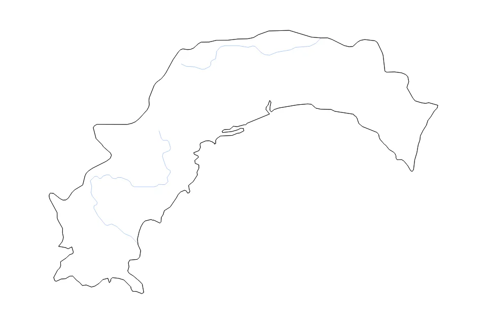 Carte de Kochi de type contour et rivières pour Asie, montrant contour et rivières avec des limites nettes.