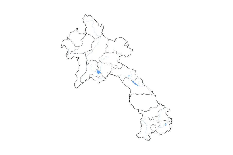 Mapa de Laos de tipo contorno, subdivisiones, lagos y ríos para Asia, con contorno, subdivisiones, lagos y ríos con elementos de agua como Angkep Nam Ngum, Theun Douan, y Xekaman Reservoir.