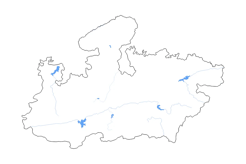 Carte de Madhya Pradesh de type contour, lacs et rivières pour Asie, montrant contour, lacs et rivières avec des éléments hydrographiques comme Indira Sagar, Gāndhi Sāgar, et Bansagar Reservoir.