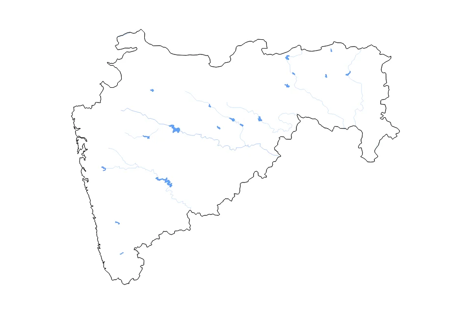 Carte de Maharashtra de type contour, lacs et rivières pour Asie, montrant contour, lacs et rivières avec des éléments hydrographiques comme Nath Sagar, Ujani Reservoir, et Upper Wardhā Dam Reservoir.