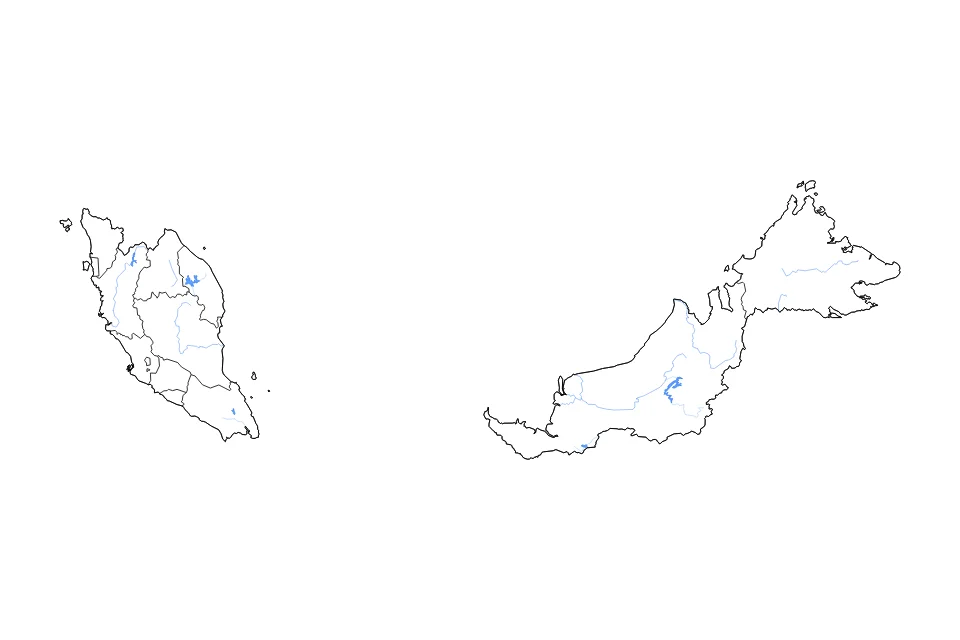 Carte de Malaysia de type contour, subdivisions, lacs et rivières pour Asie, montrant contour, subdivisions, lacs et rivières avec des éléments hydrographiques comme Bakun Reservoir, Tasik Kenyir, et Empangan Temengor.