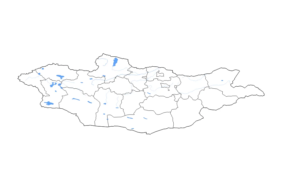 Mapa de Mongolia de tipo contorno, subdivisiones, lagos y ríos para Asia, con contorno, subdivisiones, lagos y ríos con elementos de agua como Hövsgöl Nuur, Har Us Nuur, y Har Nuur.
