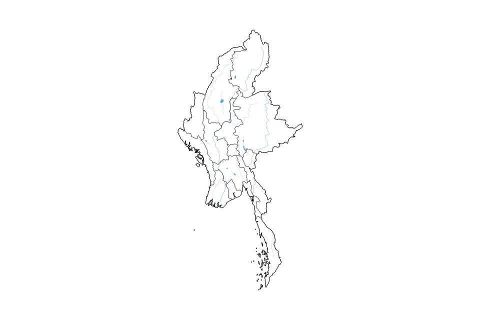Mapa de Myanmar de tipo contorno, subdivisiones, lagos y ríos para Asia, con contorno, subdivisiones, lagos y ríos con elementos de agua como Thaphanzeik Reservoir, Sankar Lake, y Indawgyi Lake.