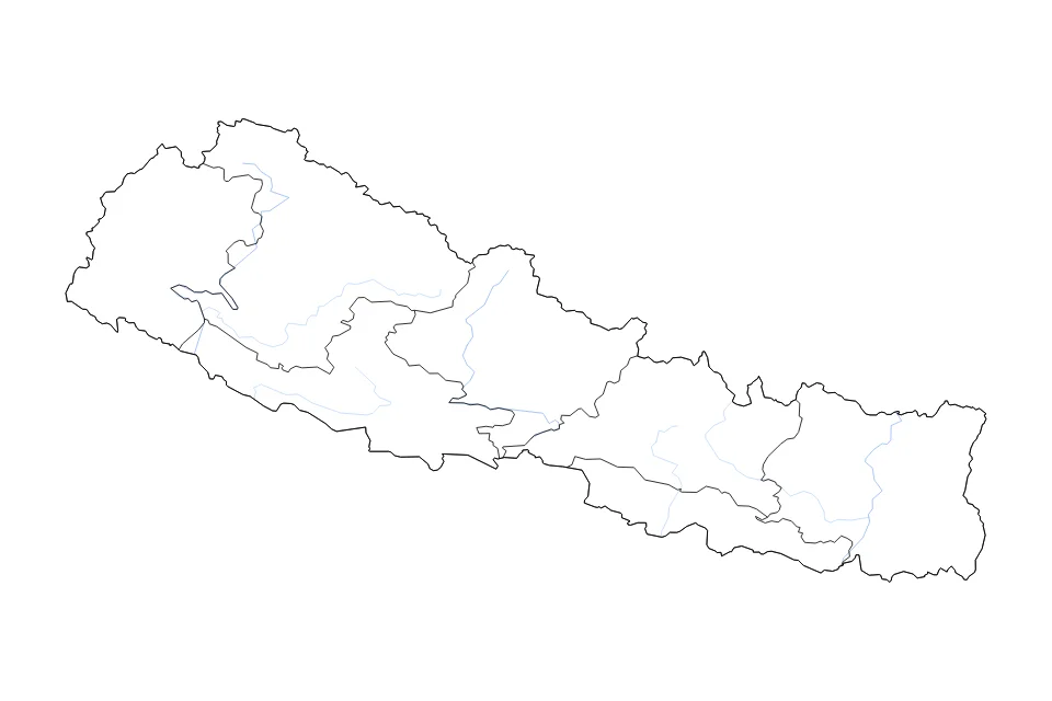 Mapa de Nepal de tipo contorno, subdivisiones y ríos para Asia, con contorno, subdivisiones y ríos con límites limpios.