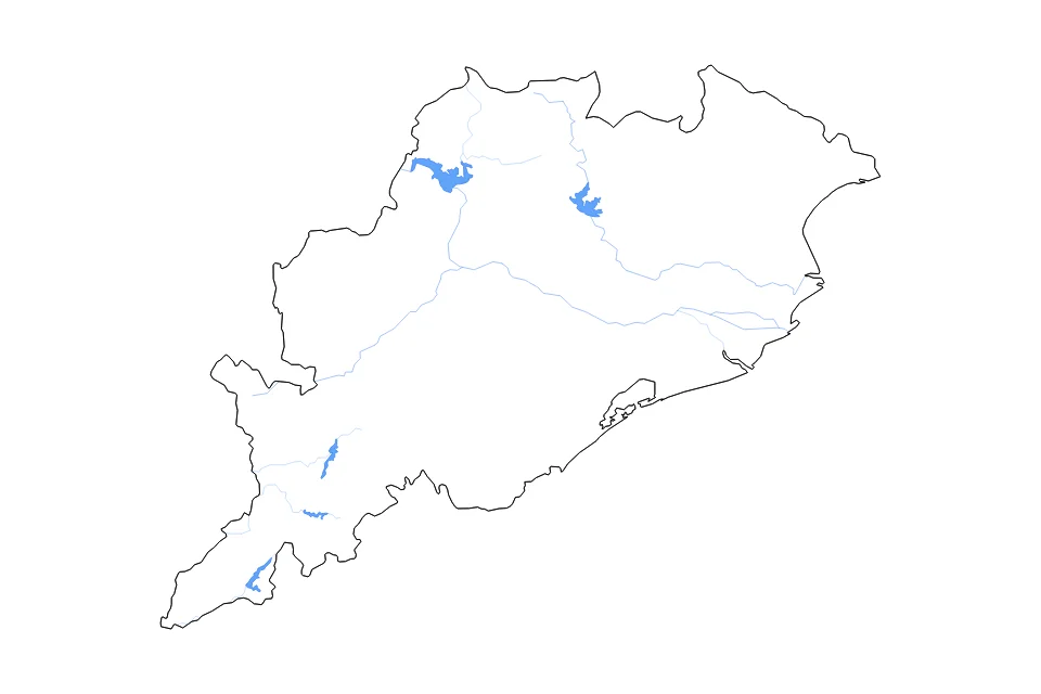 Carte de Odisha de type contour, lacs et rivières pour Asie, montrant contour, lacs et rivières avec des éléments hydrographiques comme Hirakud Reservoir, Rengali Reservoir, et Bālimela Reservoir.