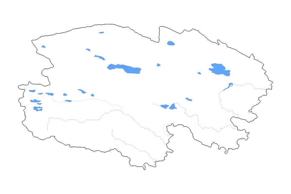 Mapa de Qinghai de tipo contorno, lagos y ríos para Asia, con contorno, lagos y ríos con elementos de agua como Qinghai Hu, Ngoring Hu, y Wulanwula Hu.