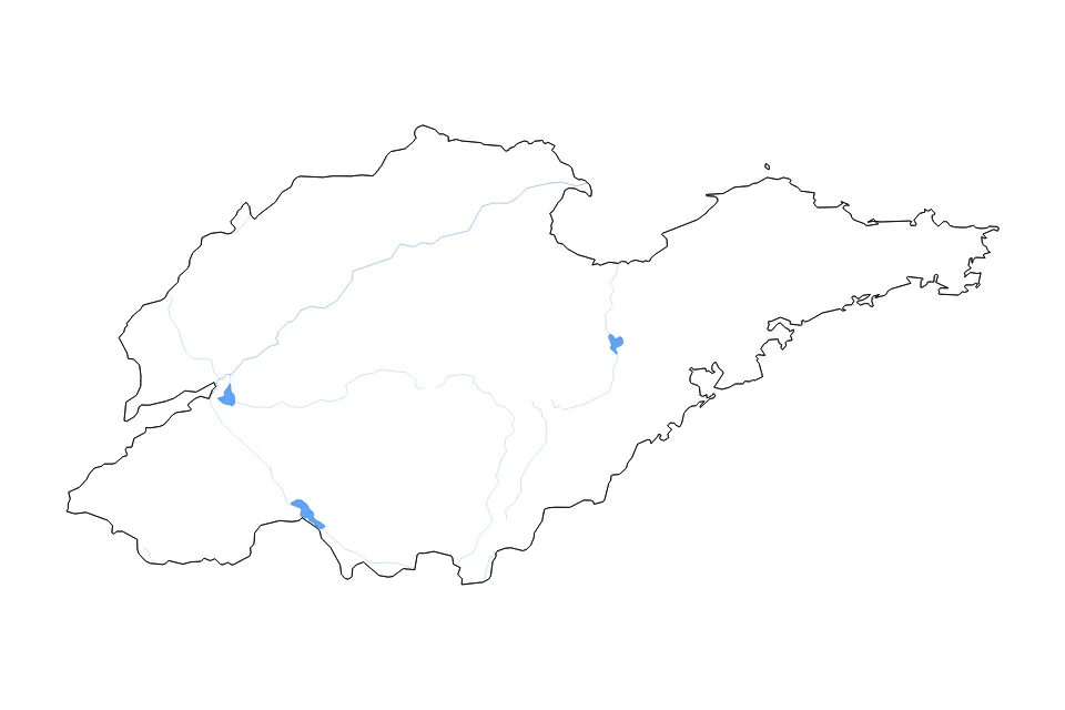 Mapa de Shandong de tipo contorno, lagos y ríos para Asia, con contorno, lagos y ríos con elementos de agua como Dushan Hu, Nansi Hu, Dongping Hu, y Xiashan Shuiku.