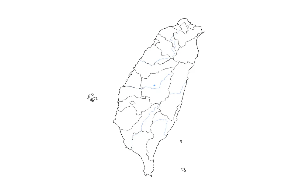 Carte de Taiwan de type contour, subdivisions, lacs et rivières pour Asie, montrant contour, subdivisions, lacs et rivières avec des éléments hydrographiques comme Riyue Tan.