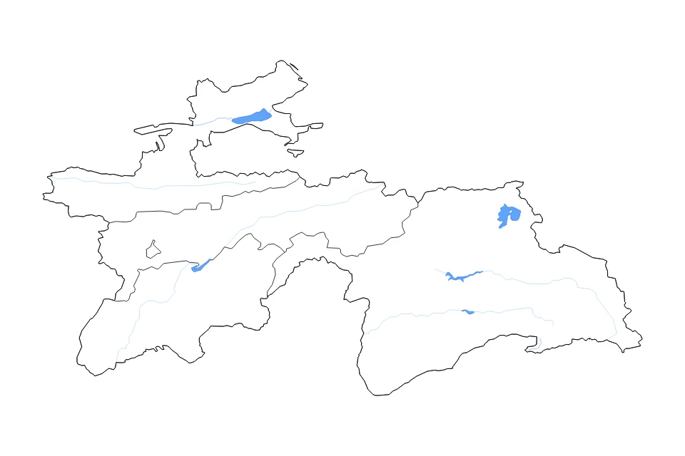 Mapa de Tajikistan de tipo contorno, subdivisiones, lagos y ríos para Asia, con contorno, subdivisiones, lagos y ríos con elementos de agua como Qarokŭl, Obanbori Qayroqqum, y Kŭli Sarez.