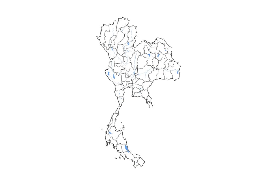 Carte de Thailand de type contour, subdivisions, lacs et rivières pour Asie, montrant contour, subdivisions, lacs et rivières avec des éléments hydrographiques comme Thale Luang, Ang Kep Nam Srinagarindra, et Ang Kep Nam Khuean Khao Laem.