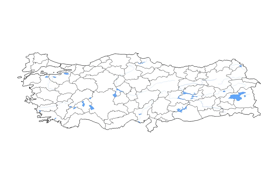 Mapa de Turkey de tipo contorno, subdivisiones, lagos y ríos para Asia, con contorno, subdivisiones, lagos y ríos con elementos de agua como Lake Van, Atatürk Barajı, y Keban Barajı Gölü.