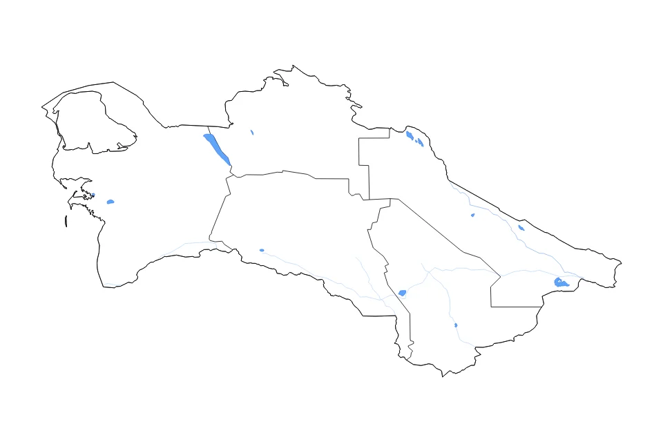Mapa de Turkmenistan de tipo contorno, subdivisiones, lagos y ríos para Asia, con contorno, subdivisiones, lagos y ríos con elementos de agua como Solonchak Goklenkum, Zeýit Suwhowdan, y Zeid Reservoir.