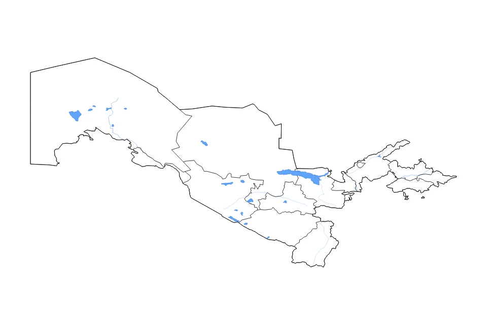 Mapa de Uzbekistan de tipo contorno, subdivisiones, lagos y ríos para Asia, con contorno, subdivisiones, lagos y ríos con elementos de agua como Aydarko‘l Ko‘li, Borsakelmas Sho‘ri, y Dengizko’l Ko’li.