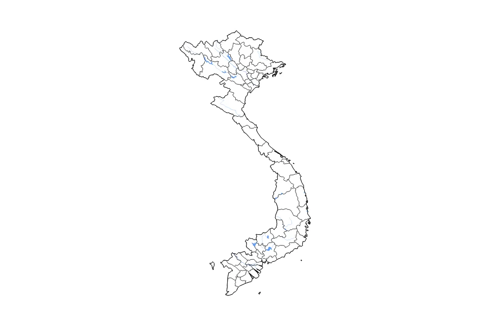 Carte de Vietnam de type contour, subdivisions, lacs et rivières pour Asie, montrant contour, subdivisions, lacs et rivières avec des éléments hydrographiques comme Hồ Trị An, Hồ Dầu Tiếng, et Hồ Thác Bà.
