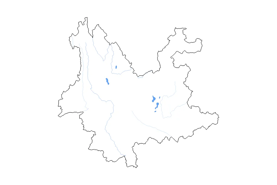Mapa de Yunnan de tipo contorno, lagos y ríos para Asia, con contorno, lagos y ríos con elementos de agua como Dian Chi, Er Hai, y Fuxian Hu.
