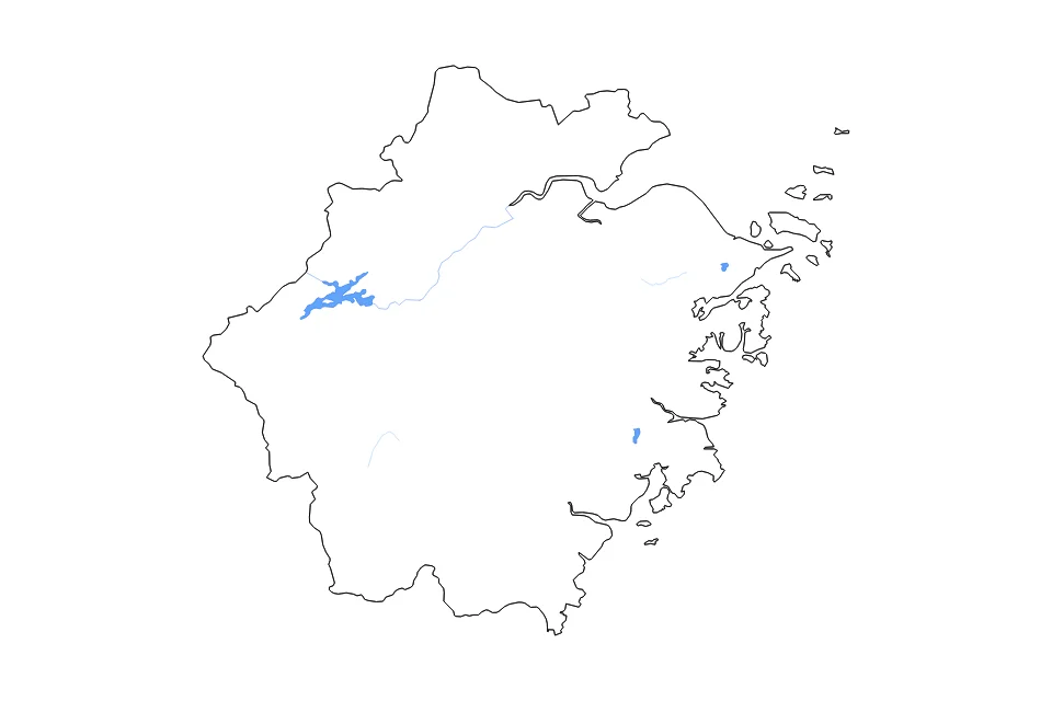 Mapa de Zhejiang de tipo contorno, lagos y ríos para Asia, con contorno, lagos y ríos con elementos de agua como Qiandao Hu, Changtan Shuiku, y Dongqian Hu.