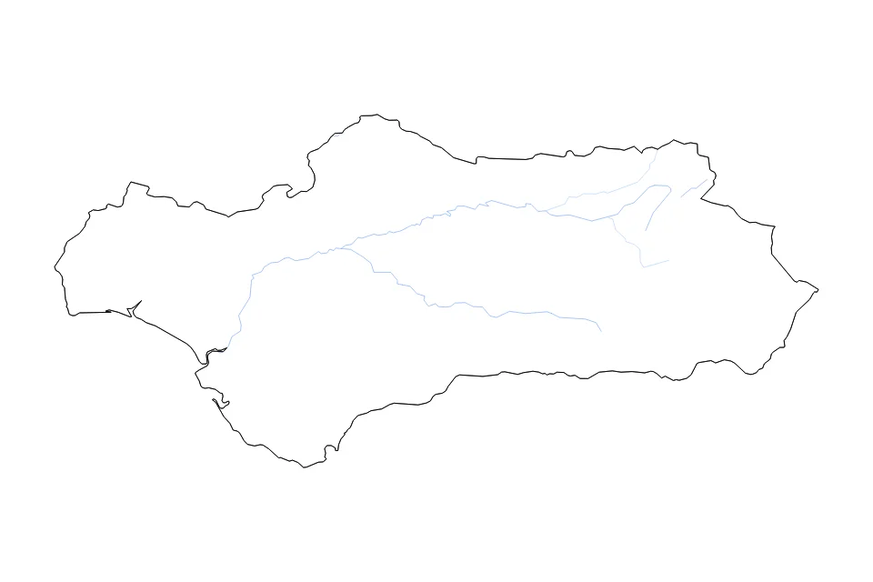 Mapa de Andalusia de tipo contorno y ríos para Europa, con contorno y ríos con límites limpios.