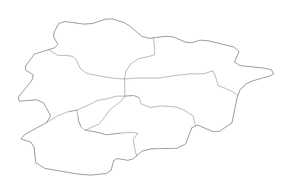 Carte de Andorra de type contour, subdivisions et rivières pour Europe, montrant contour, subdivisions et rivières avec des limites nettes.