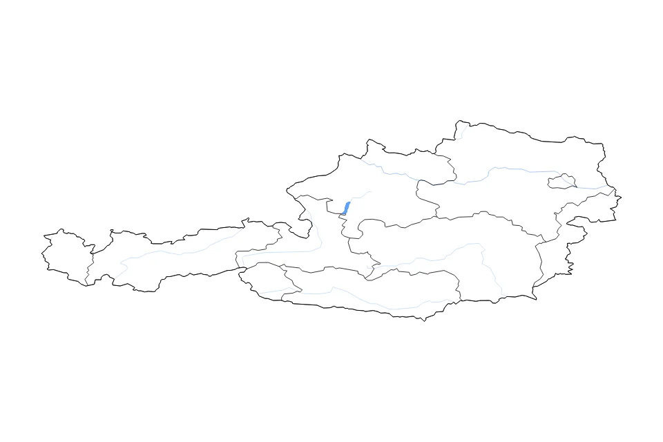 Mapa de Austria de tipo contorno, subdivisiones, lagos y ríos para Europa, con contorno, subdivisiones, lagos y ríos con elementos de agua como Attersee.