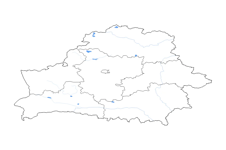 Carte de Belarus de type contour, subdivisions, lacs et rivières pour Europe, montrant contour, subdivisions, lacs et rivières avec des éléments hydrographiques comme Vozyera Narach and Vozyera Myastra, Ozero Osveyskoye, et Vilyeyskaye Vadaskhovishcha.