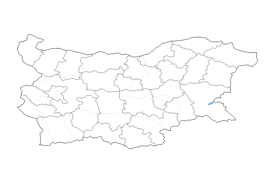 Mapa de Bulgaria de tipo contorno, subdivisiones, lagos y ríos para Europa, con contorno, subdivisiones, lagos y ríos con elementos de agua como Yazovir Mandra.