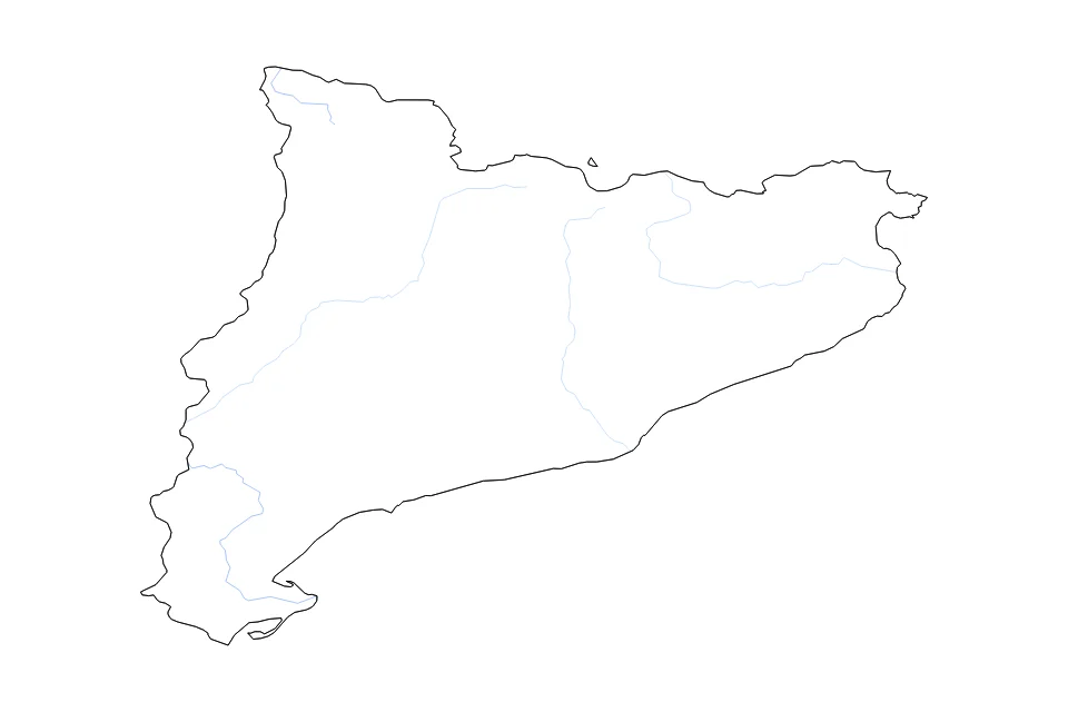 Mapa de Catalonia de tipo contorno y ríos para Europa, con contorno y ríos con límites limpios.