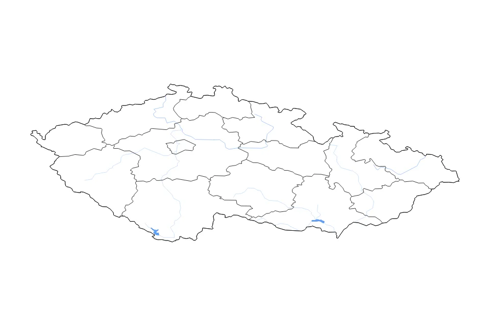 Mapa de Czechia de tipo contorno, subdivisiones, lagos y ríos para Europa, con contorno, subdivisiones, lagos y ríos con elementos de agua como Údolní Nádrž Lipno y Vodní Nádrž Nové Mlýny.