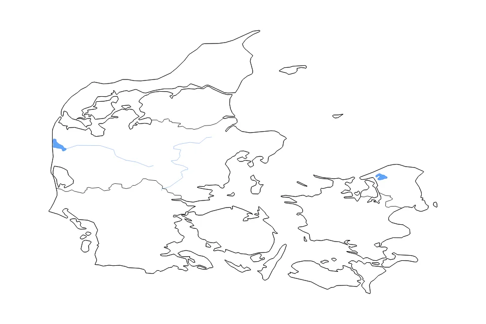 Mapa de Denmark de tipo contorno, subdivisiones, lagos y ríos para Europa, con contorno, subdivisiones, lagos y ríos con elementos de agua como Nissum Fjord y Arresø.