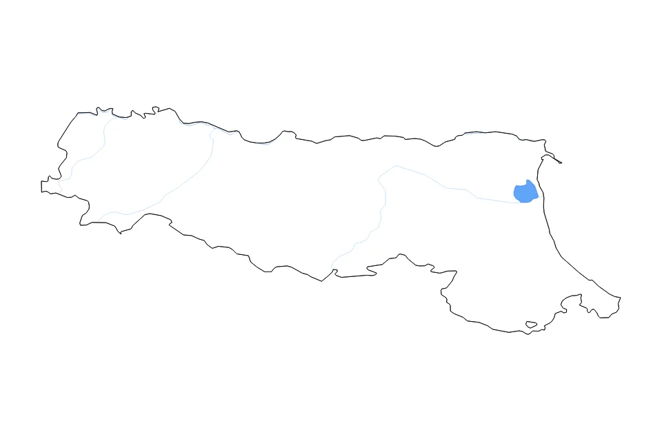 Mapa de Emilia Romagna de tipo contorno, lagos y ríos para Europa, con contorno, lagos y ríos con elementos de agua como Valli di Comacchio.
