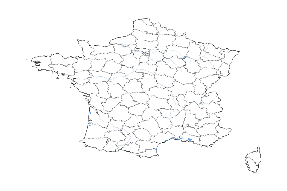 Mapa de France de tipo contorno, subdivisiones, lagos y ríos para Europa, con contorno, subdivisiones, lagos y ríos con elementos de agua como Étang de Berre, Étang de Vaccarès, y Étang de Thau.