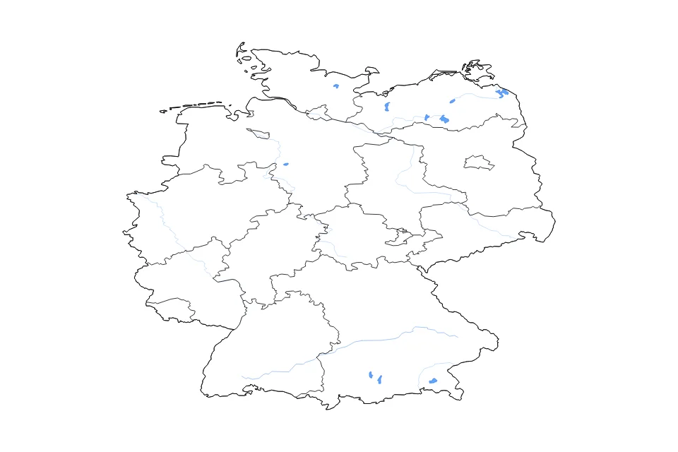 Mapa de Germany de tipo contorno, subdivisiones, lagos y ríos para Europa, con contorno, subdivisiones, lagos y ríos con elementos de agua como Achterwasser, Müritz, y Chiemsee.