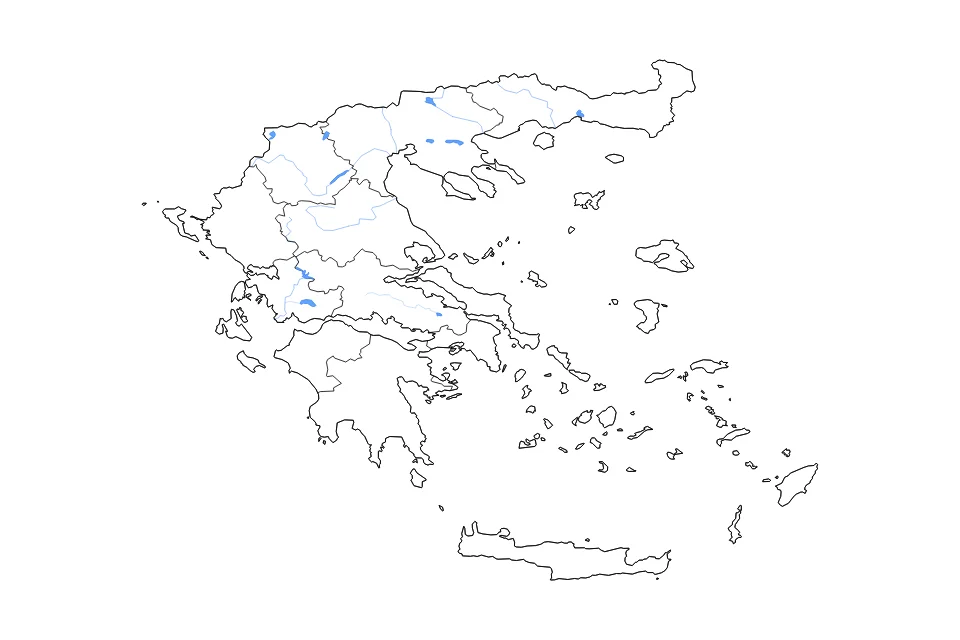 Carte de Greece de type contour, subdivisions, lacs et rivières pour Europe, montrant contour, subdivisions, lacs et rivières avec des éléments hydrographiques comme Límni Trichonída, Límni Vólvi, et Technití Límni Kremastón.