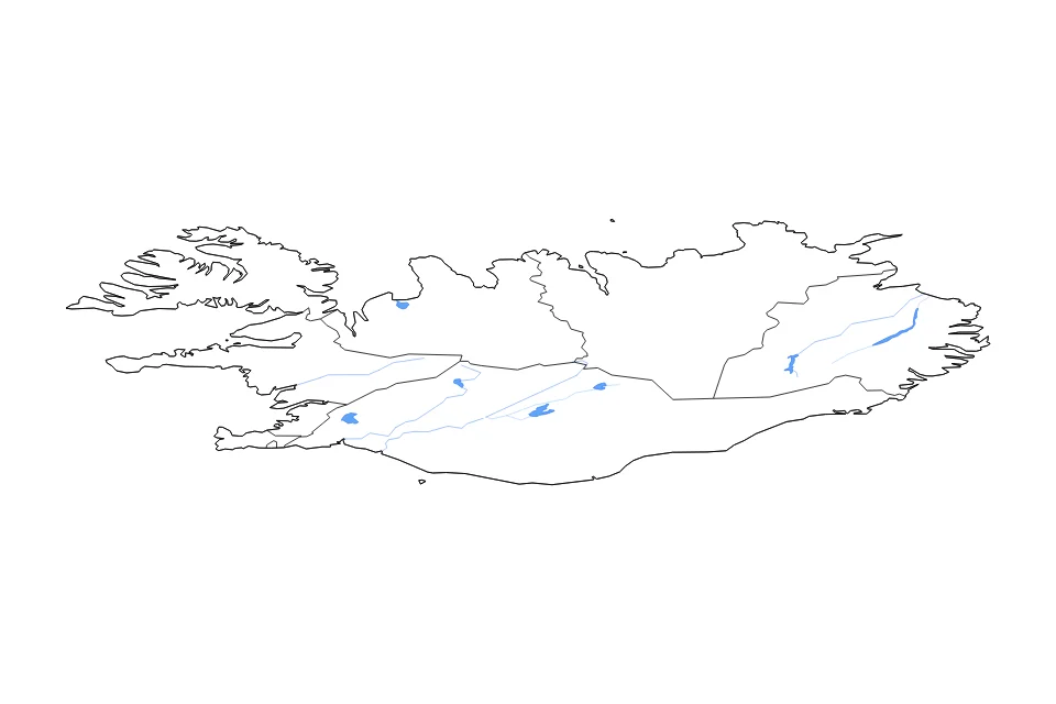 Mapa de Iceland de tipo contorno, subdivisiones, lagos y ríos para Europa, con contorno, subdivisiones, lagos y ríos con elementos de agua como Þórisvatn, Lagarfljót, y Þingvallavatn.