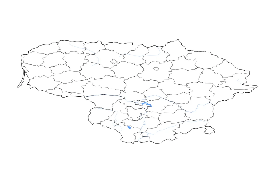Mapa de Lithuania de tipo contorno, subdivisiones, lagos y ríos para Europa, con contorno, subdivisiones, lagos y ríos con elementos de agua como Kauno HE y Ežeras Dusia.