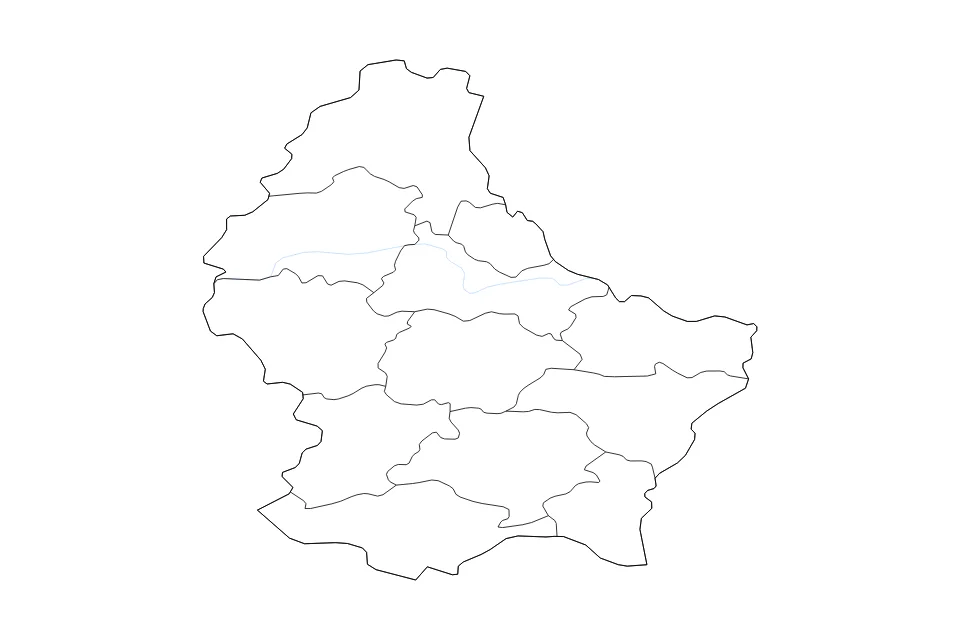 Mapa de Luxembourg de tipo contorno, subdivisiones y ríos para Europa, con contorno, subdivisiones y ríos con límites limpios.